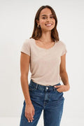 Women's Beige Cotton Short-Sleeve Crew-Neck T-Shirt
