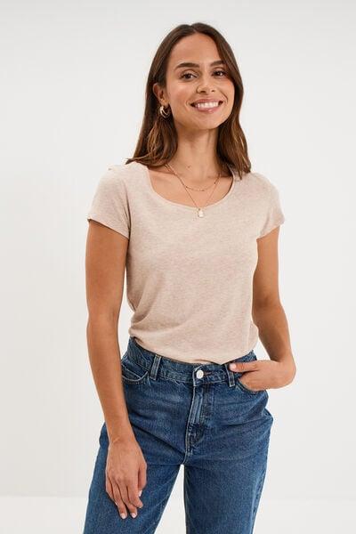 Women's Beige Cotton Short-Sleeve Crew Neck Tee