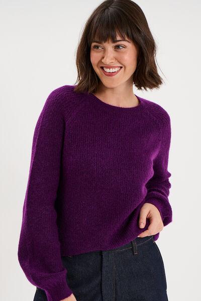 Women's Dark Purple Crew-Neck Balloon-Sleeve Sweater