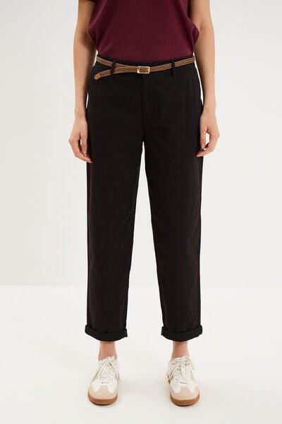 Women's Black Regular Chino Pants with Woven Belt