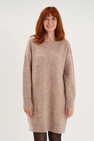 Women's Beige Knee-Length Knit Dress with Shoulder Buttons