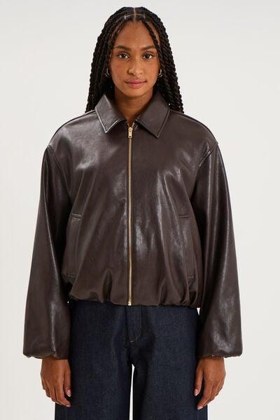 Women's Dark Brown Oversize Zip-Up Faux-Leather Bomber Jacket