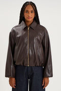 Women's Dark Brown Oversize Faux Leather Zip Bomber Jacket