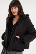 Women's Black Reversible Faux-Fur Hooded Parka