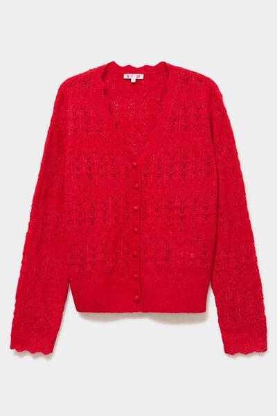 Women's Red Openwork Knit Button-Up V-Neck Cardigan