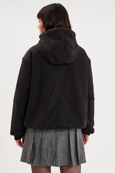 Women's Black Reversible Faux-Fur Hooded Parka