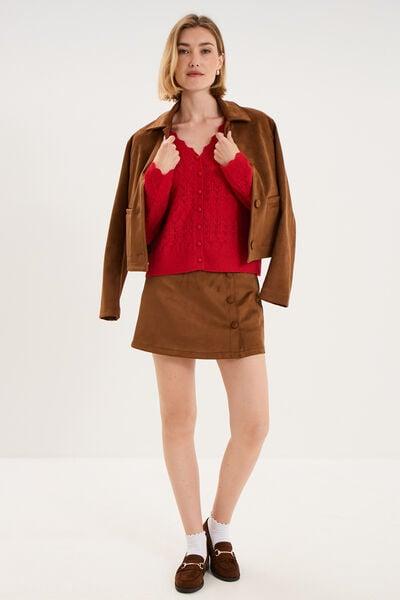 Women's Red Openwork Knit Button-Up V-Neck Cardigan
