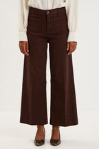 Women's Dark Brown Cropped Wide-Leg Pants with Patch Pockets