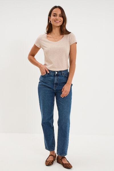 Women's Beige Cotton Short-Sleeve Crew-Neck T-Shirt