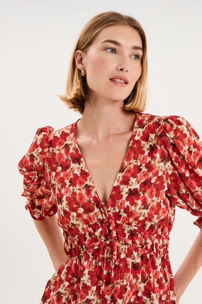 Women's Poppy Red V-Neck 3/4 Sleeve Smocked Floral Blouse