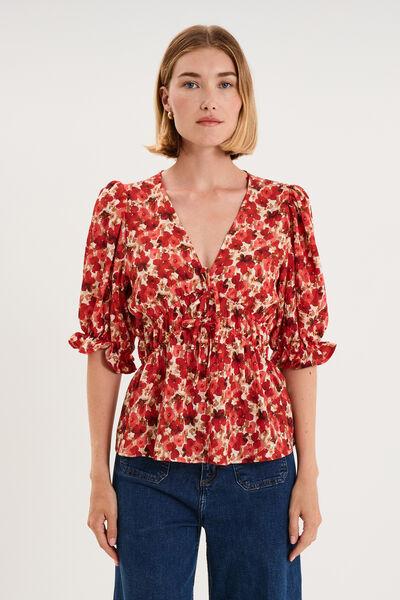 Women's Poppy Red V-Neck 3/4 Sleeve Smocked Floral Blouse