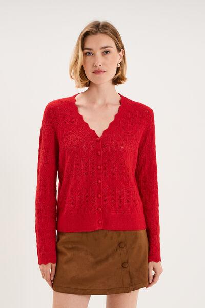 Women's Red Openwork Knit Button-Up V-Neck Cardigan