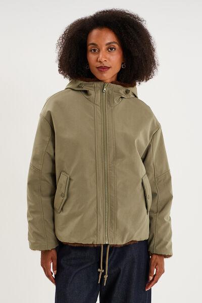 Women's Khaki Reversible Faux-Fur Hooded Parka
