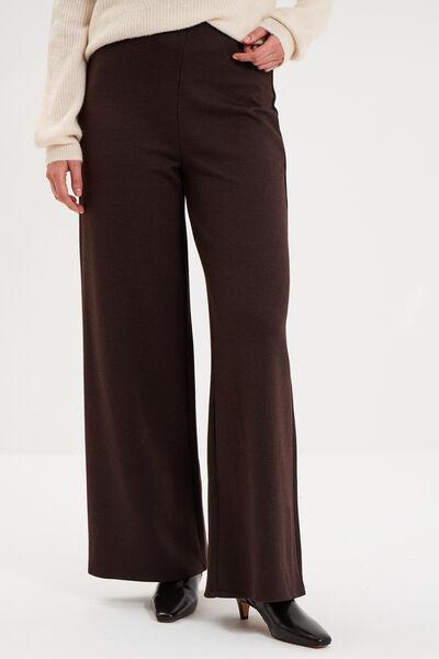 Women's Dark Brown Elasticated-Waist Fluid Wide-Leg Pants