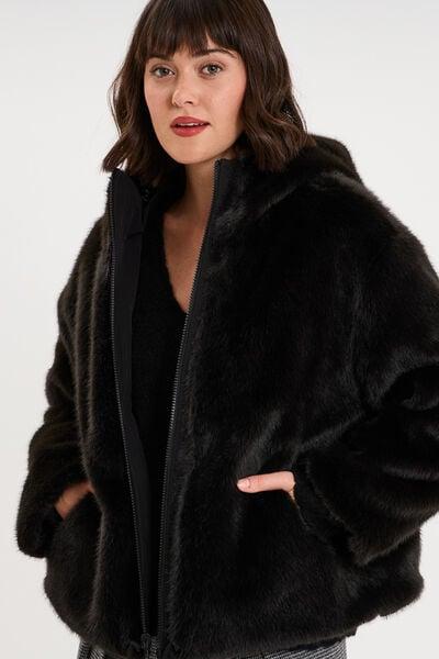 Women's Black Reversible Faux-Fur Hooded Parka