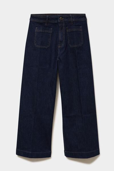 Women's Raw Denim Cropped Wide-Leg Jeans with Patch Pockets