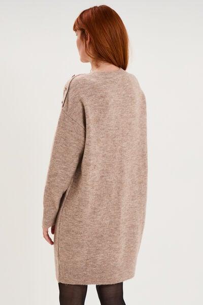 Women's Beige Knee-Length Knit Dress with Shoulder Buttons