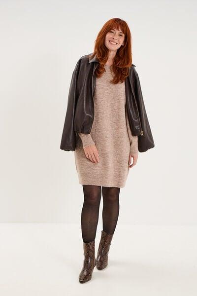 Women's Beige Knee-Length Knit Dress with Shoulder Buttons