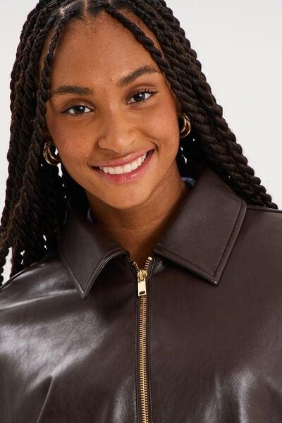 Women's Dark Brown Oversize Faux Leather Zip Bomber Jacket