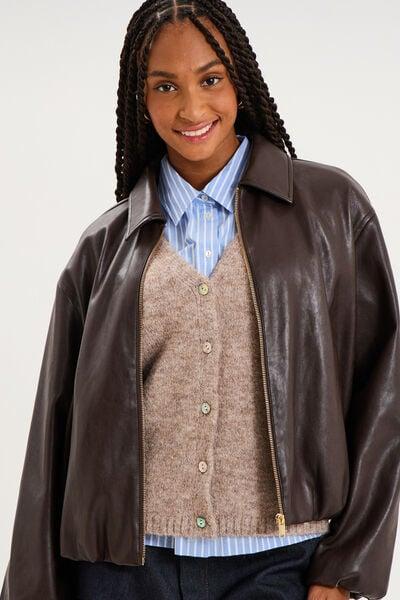 Women's Dark Brown Oversize Zip-Up Faux-Leather Bomber Jacket