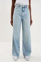 Women's High-Waist Wide-Leg Double Stone Jeans