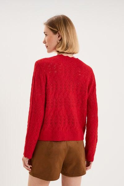 Women's Red Openwork Knit Button-Up V-Neck Cardigan