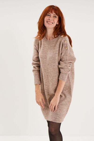 Women's Beige Knee-Length Knit Dress with Shoulder Buttons