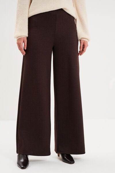 Women's Dark Brown Elasticated-Waist Fluid Wide-Leg Pants