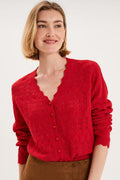 Women's Red Openwork Knit Button-Up V-Neck Cardigan