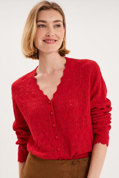 Women's Red Openwork Knit Button-Up V-Neck Cardigan