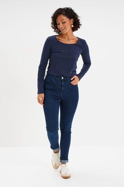 Women's Navy Cotton Crew-Neck Long-Sleeve T-Shirt