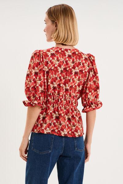 Women's Poppy Red V-Neck 3/4 Sleeve Smocked Floral Blouse