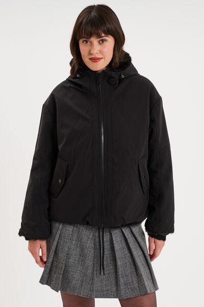 Women's Black Reversible Faux-Fur Hooded Parka