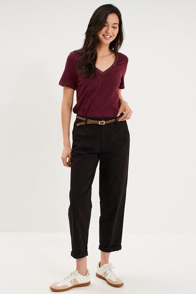 Women's Black Regular Chino Pants with Woven Belt