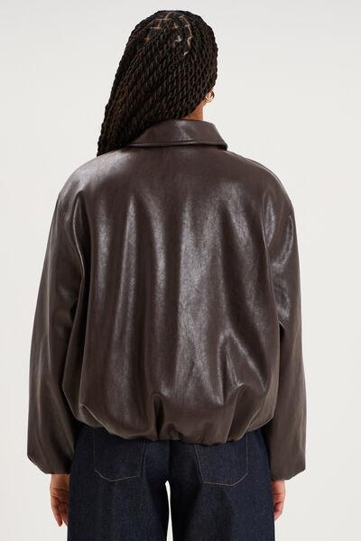 Women's Dark Brown Oversize Faux Leather Zip Bomber Jacket