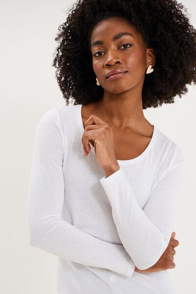 Women's White Cotton Long-Sleeve Crew Neck Tee