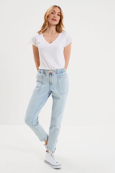 Women's Elasticated-Waist Cropped Straight Jeans