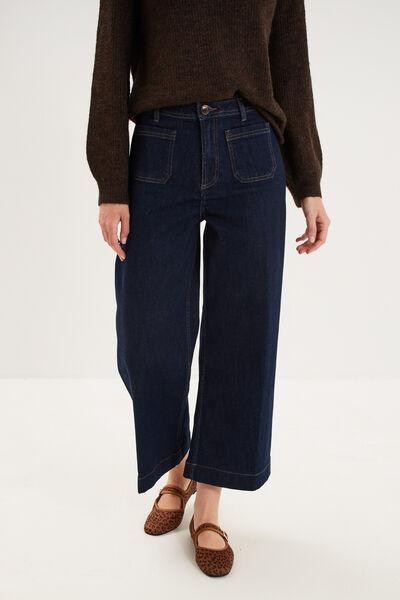 Women's Raw Denim Cropped Wide-Leg Jeans with Patch Pockets