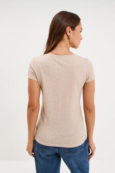 Women's Beige Cotton Short-Sleeve Crew Neck Tee