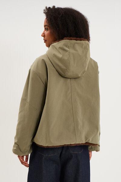 Women's Khaki Reversible Faux-Fur Hooded Parka