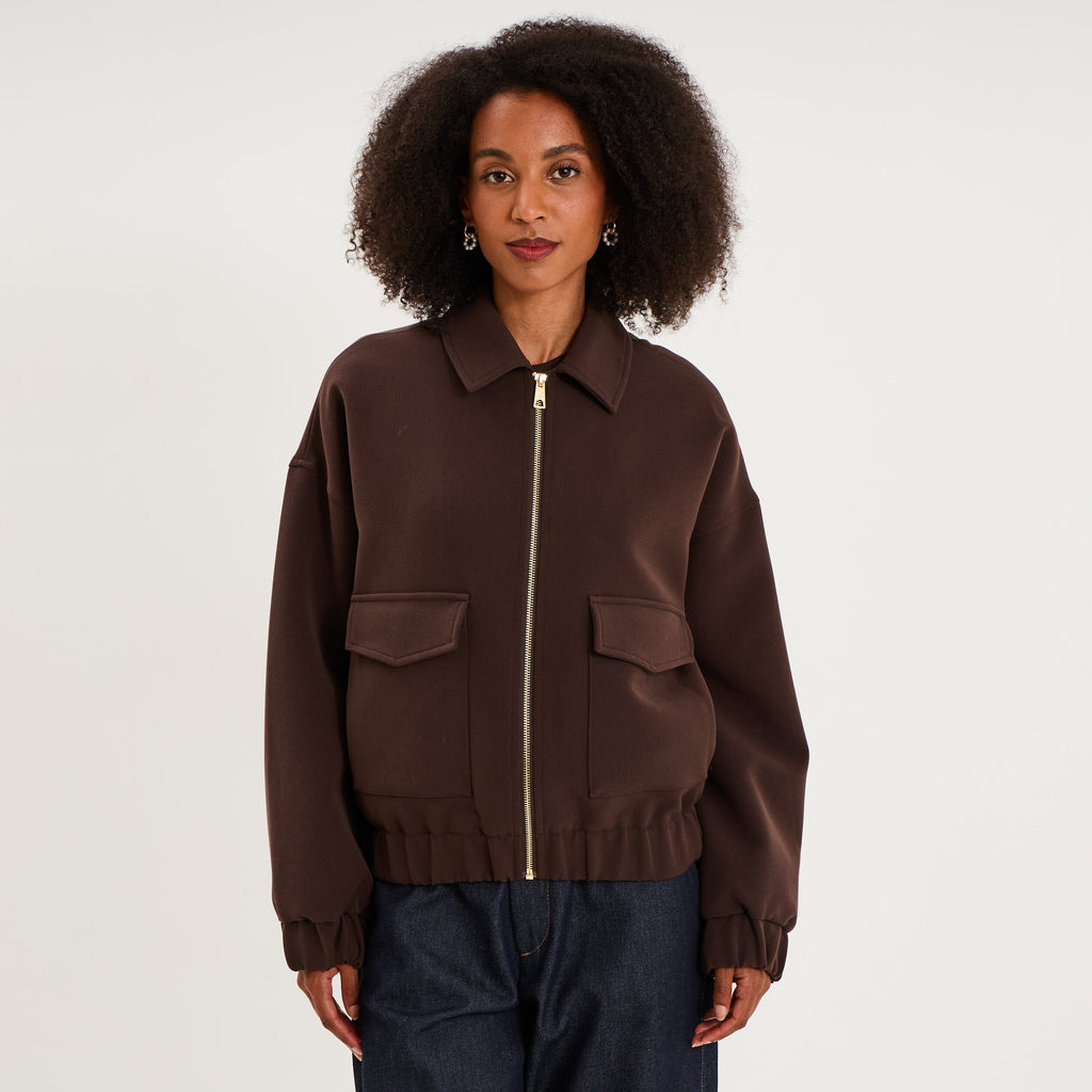 Blouson boîte zippé poches cargo marron foncé femme - 1