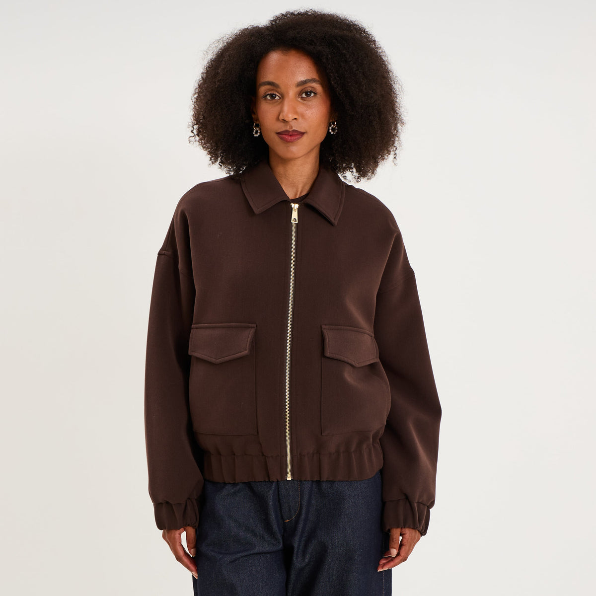 Blouson boîte zippé poches cargo marron foncé femme - 1
