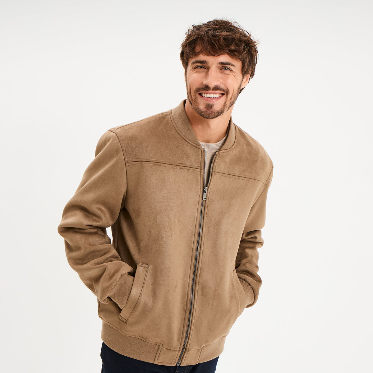 Blouson bomber effet suédine taupe homme - 1