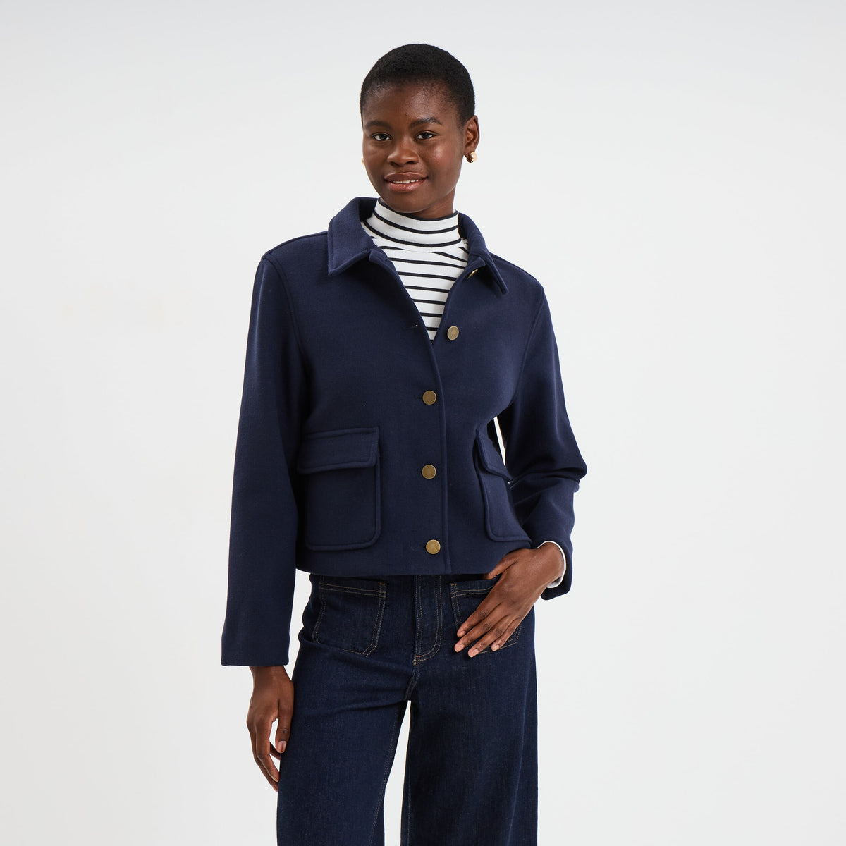 Blouson boutonné 2 poches bleu foncé femme - 1