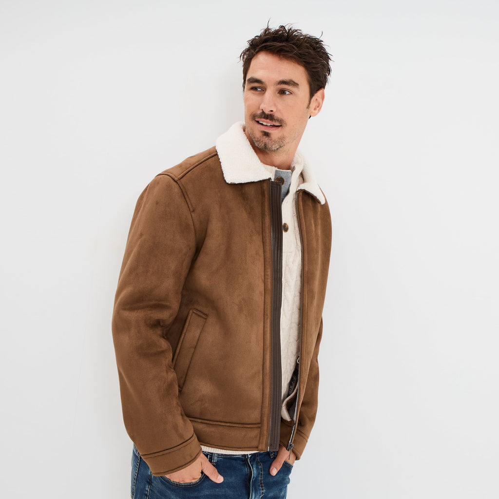 Blouson col aviateur effet suédine marron homme - 1