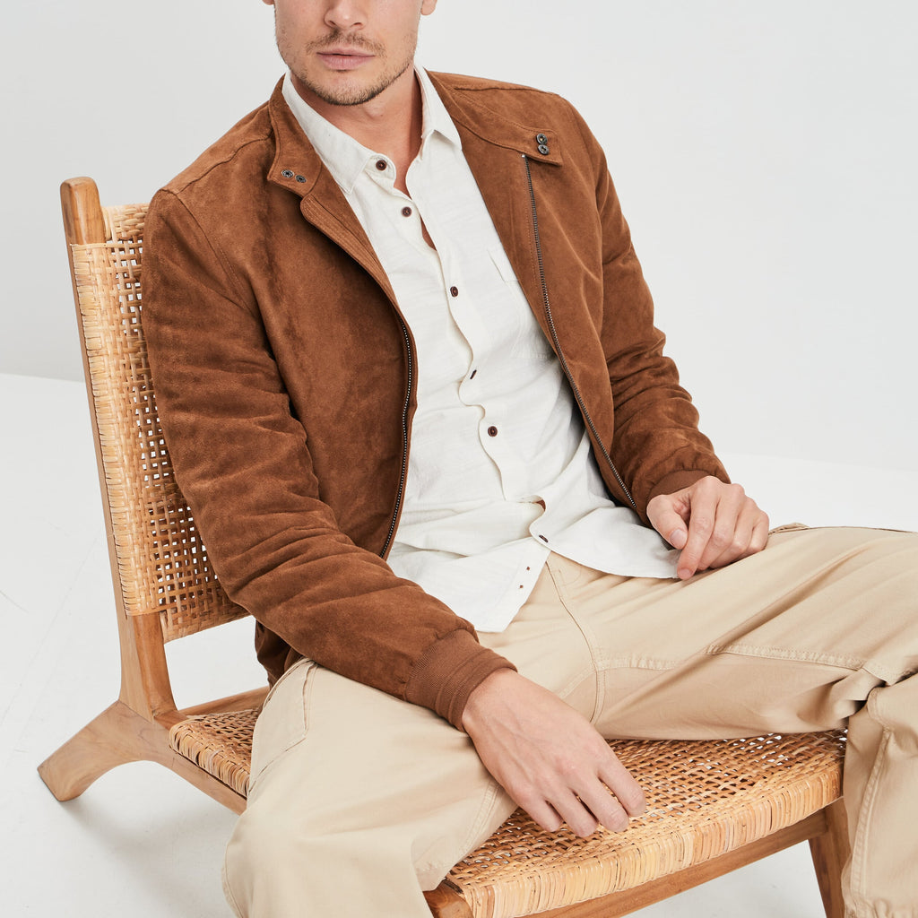 Blouson col biker en suédine zippé camel homme - 2