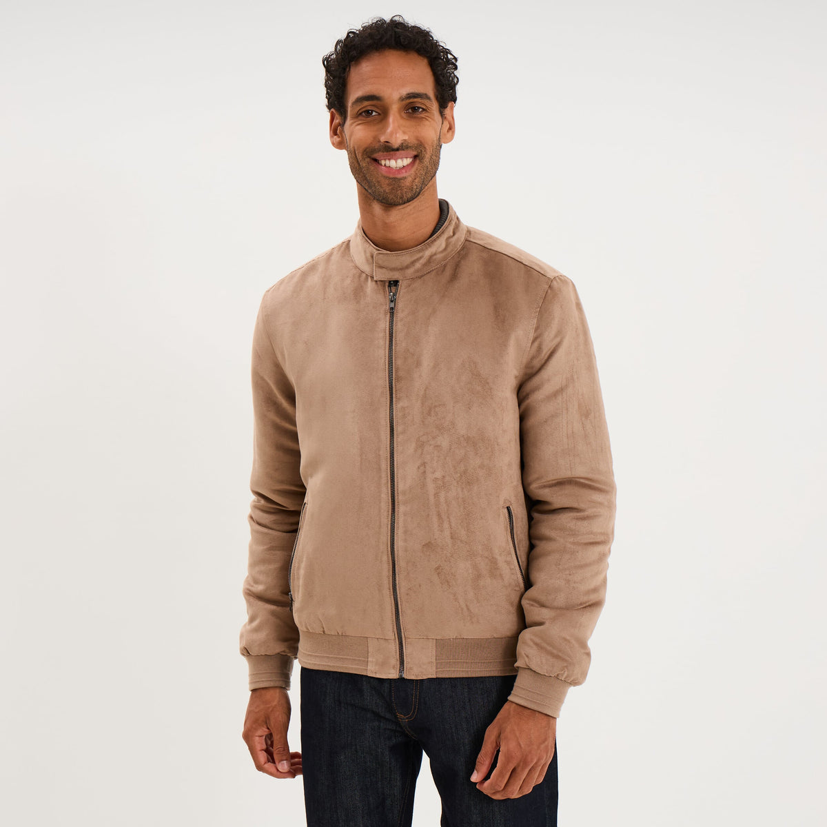Blouson col biker en suédine zippé camel homme - 3