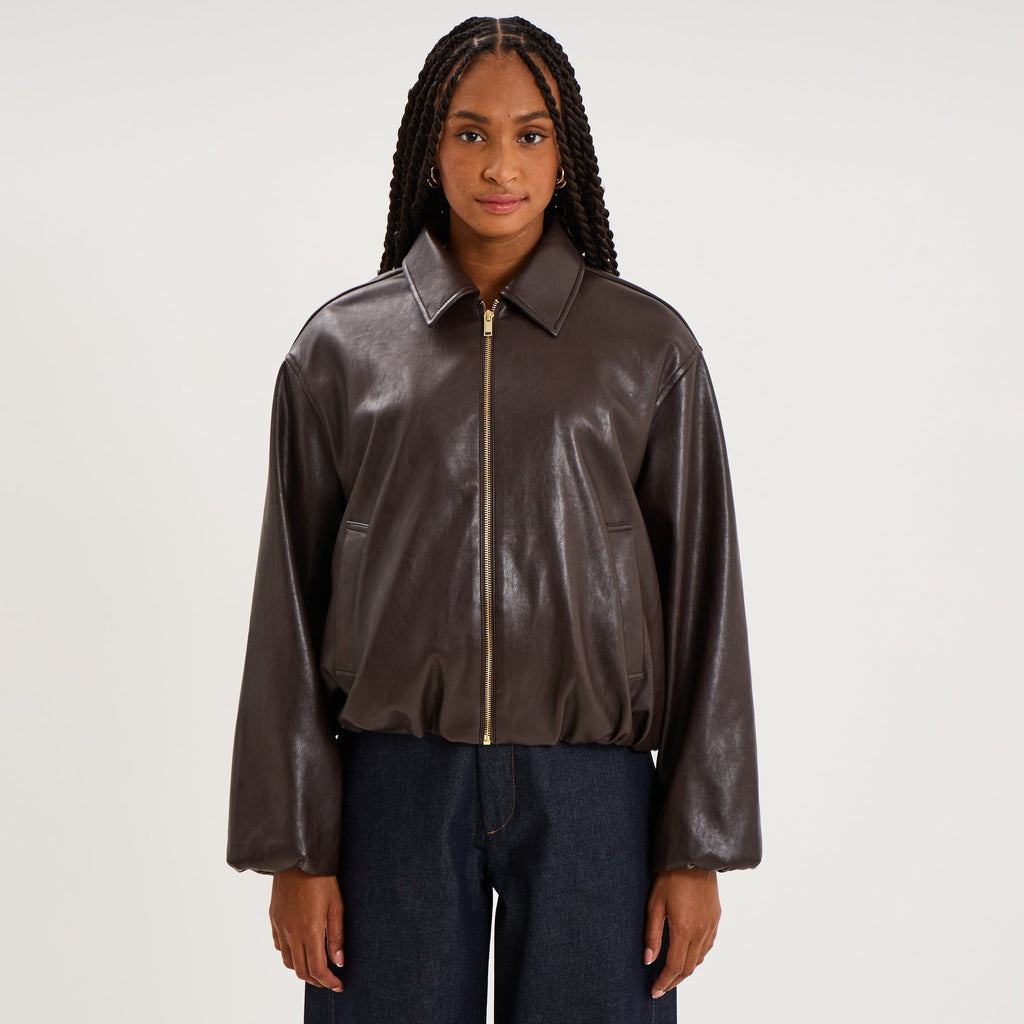 blouson court oversize similicuir zippé marron foncé femme - 1