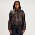 blouson court oversize similicuir zippé marron foncé femme - 1