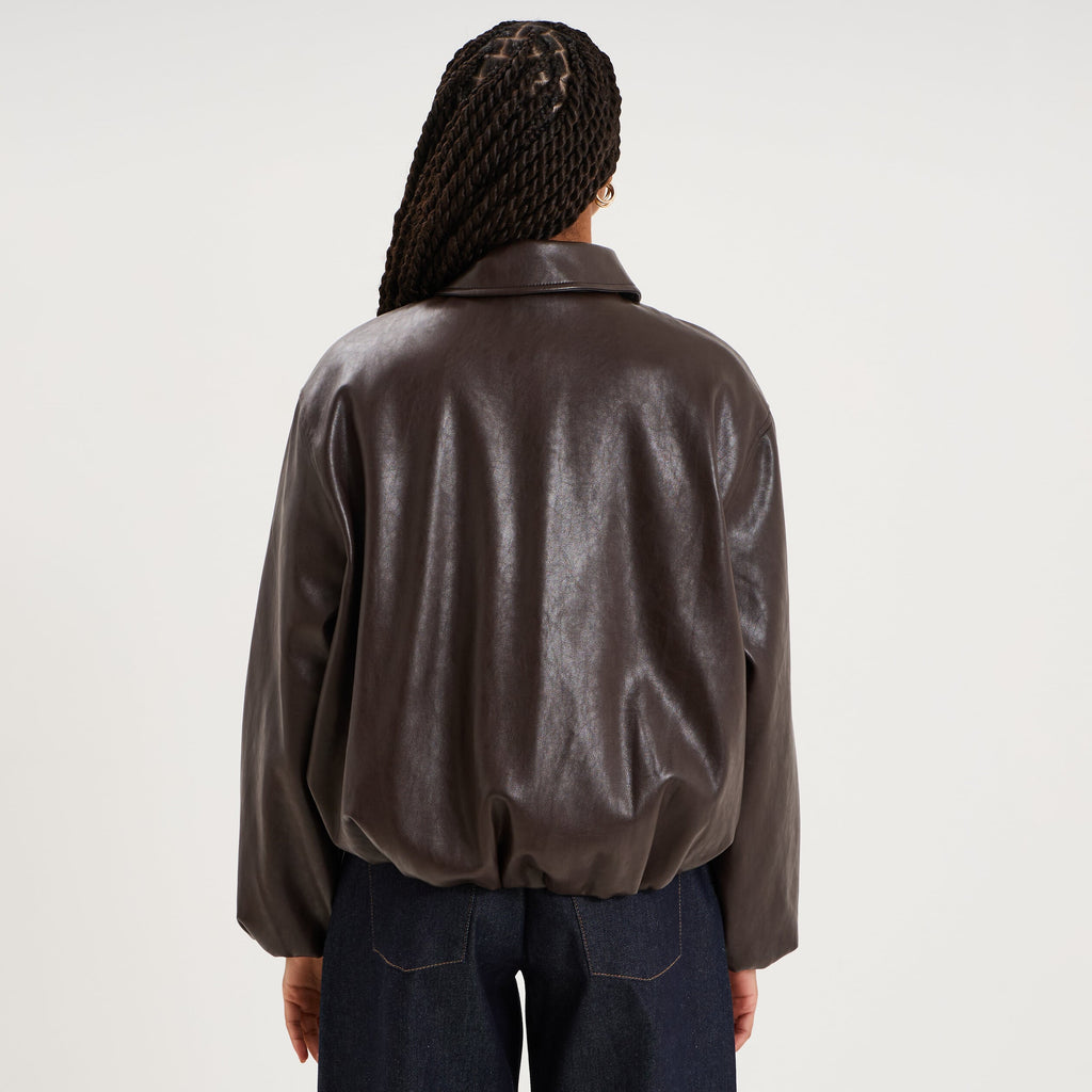 blouson court oversize similicuir zippé marron foncé femme - 2
